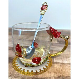 ARC Glass Mug Cup with Metal Red Roses & Butterfly and Spoon